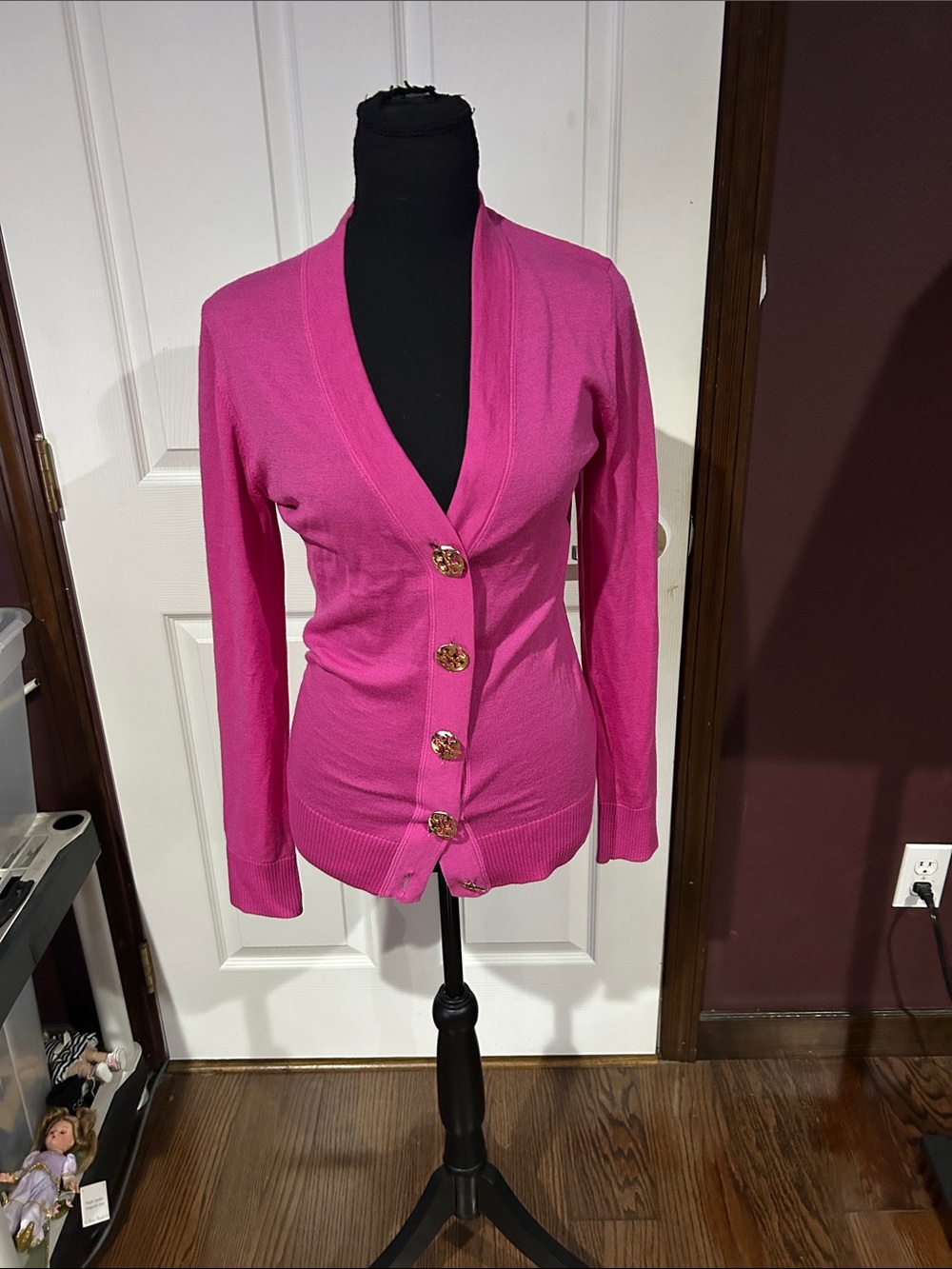 Tory Burch Bright Pink Button-Front Cardigan V neck gold logo buttons S